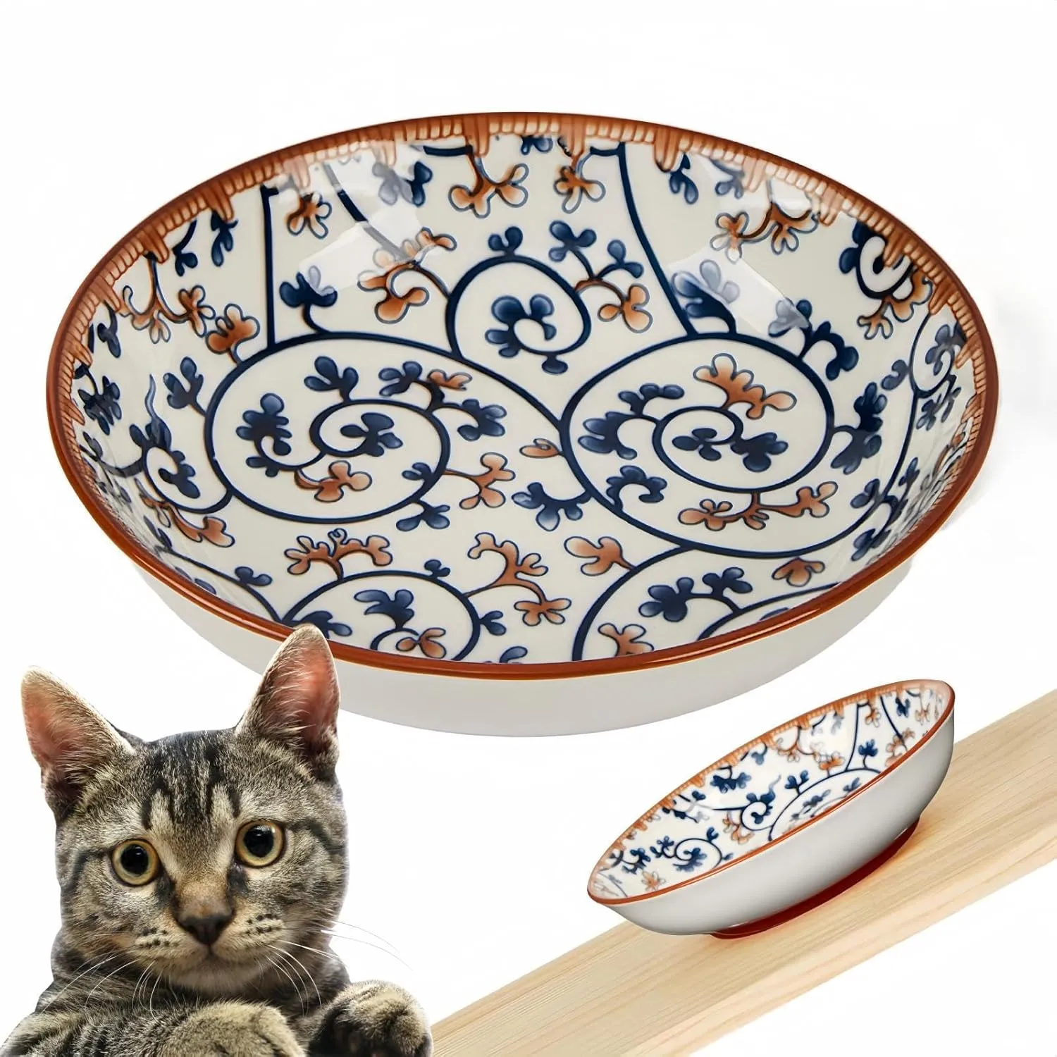5.5" Whisker Fatigue Ceramic Cat Bowl - Shallow Cat Food Dish, Cute Flat Kitten Bowl, Small Wide Cats Plates with Silicone Bottom, Non-Slip and Quiet