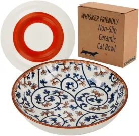 5.5" Whisker Fatigue Ceramic Cat Bowl - Shallow Cat Food Dish, Cute Flat Kitten Bowl, Small Wide Cats Plates with Silicone Bottom, Non-Slip and Quiet