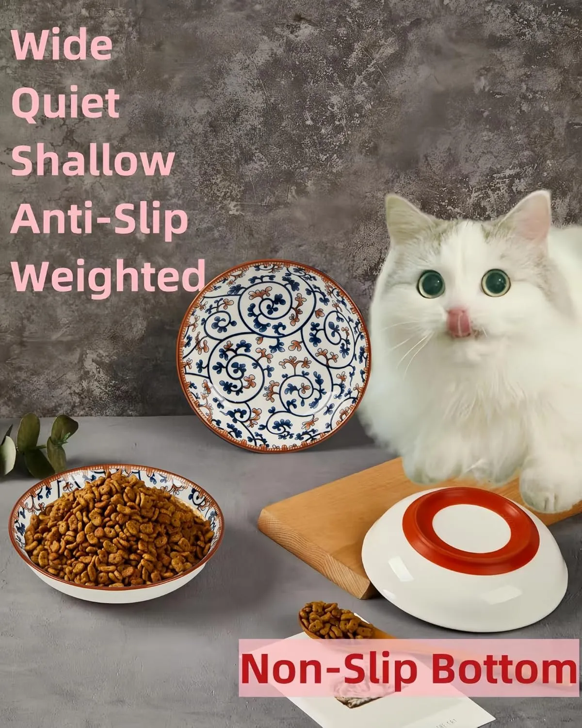 5.5" Whisker Fatigue Ceramic Cat Bowl - Shallow Cat Food Dish, Cute Flat Kitten Bowl, Small Wide Cats Plates with Silicone Bottom, Non-Slip and Quiet