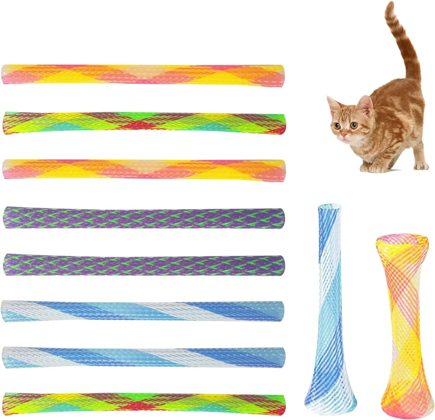 Andiker 10pcs Cat Tube Toy, 5.1inch Nylon Mesh Telescopic Folding Plastic Cat Spring Toy, Stylish Multi-Colored Cat Chew Toy, Interactive Cat Toys for Indoor Cats to Chase, Bite, and Pounce (10pcs)