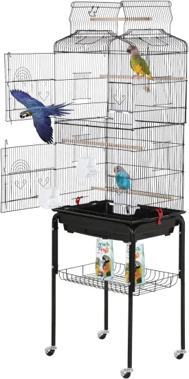 BestPet 64 inch Wrought Iron Bird Cage for Parakeets Medium Small Parrots Parakeet Cage with Detachable Rolling Stand & Play Open Top for Cockatiels Lovebird Finches Canaries (Black)