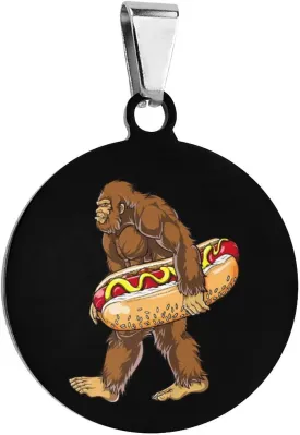 Bigfoot Carrying Hotdog Stainless Steel Pet ID Tags Personalized Dog and Cat Tags Cute Collar Tags Circular