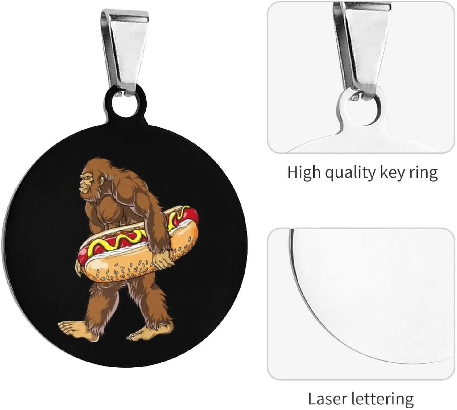 Bigfoot Carrying Hotdog Stainless Steel Pet ID Tags Personalized Dog and Cat Tags Cute Collar Tags Circular