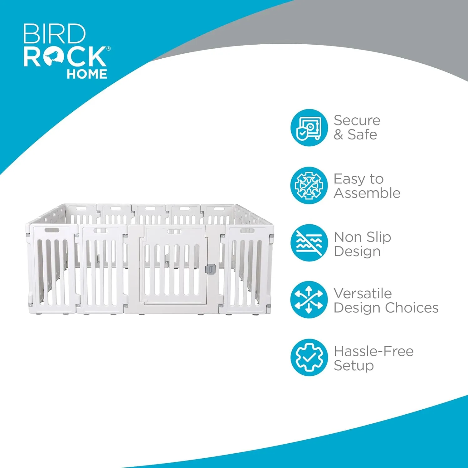BIRDROCK HOME Dog Playpen w/Door, 16 Panel, 25.6in H | Strong Plastic, Non-Slip Puppy Playpen, Secure Pet Gate | Indoor Outdoor Fence | Configurable Panels | Medium to Large Pets - White