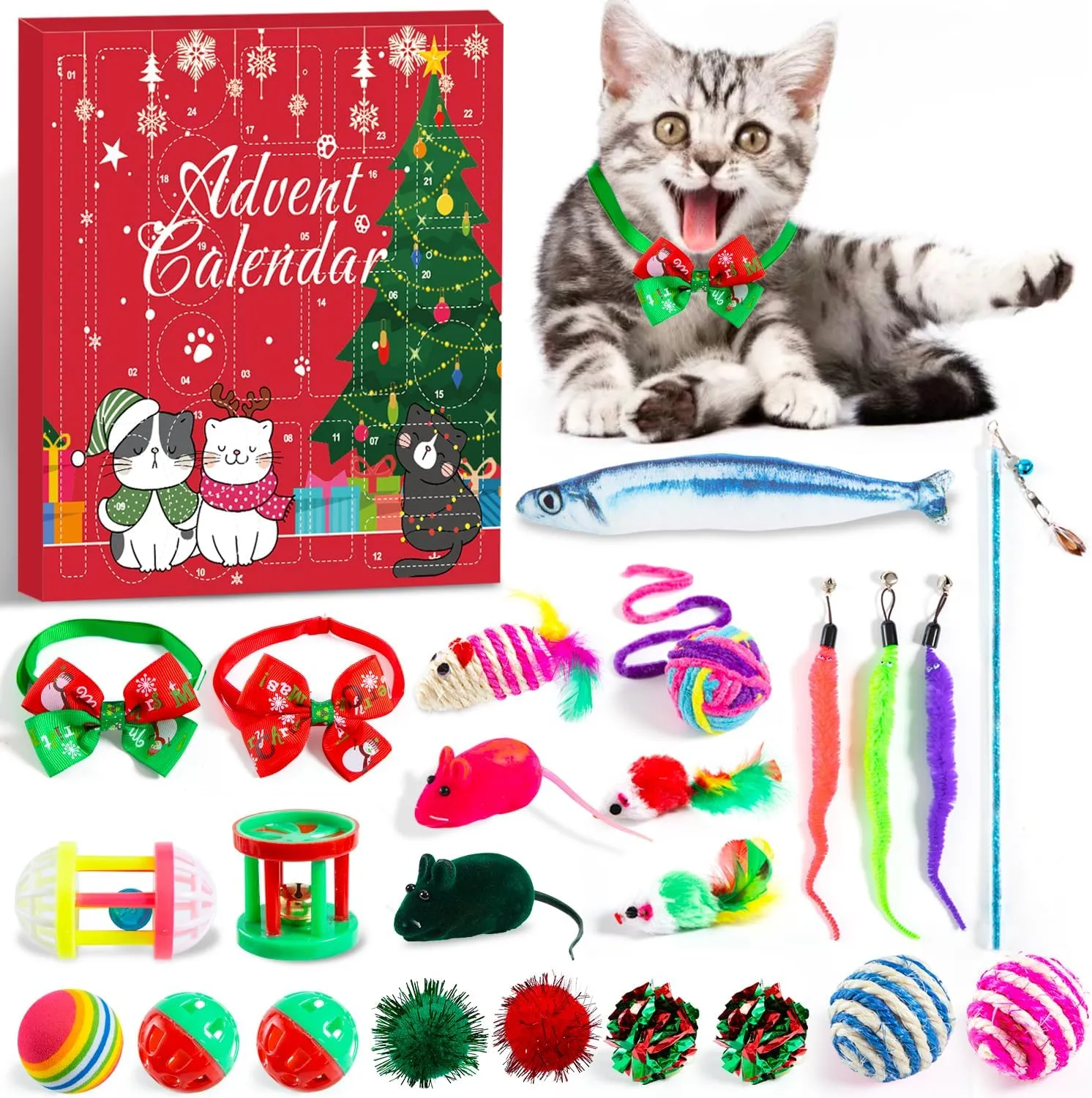 Cat Advent Calendar 2024, 24 Days Cat Toy Countdown Calendar Christmas Toys for Kitten with Catnip Toys, Mice, Cat Feather Teaser and Ball Bells Xmas Gifts for Cat Lovers