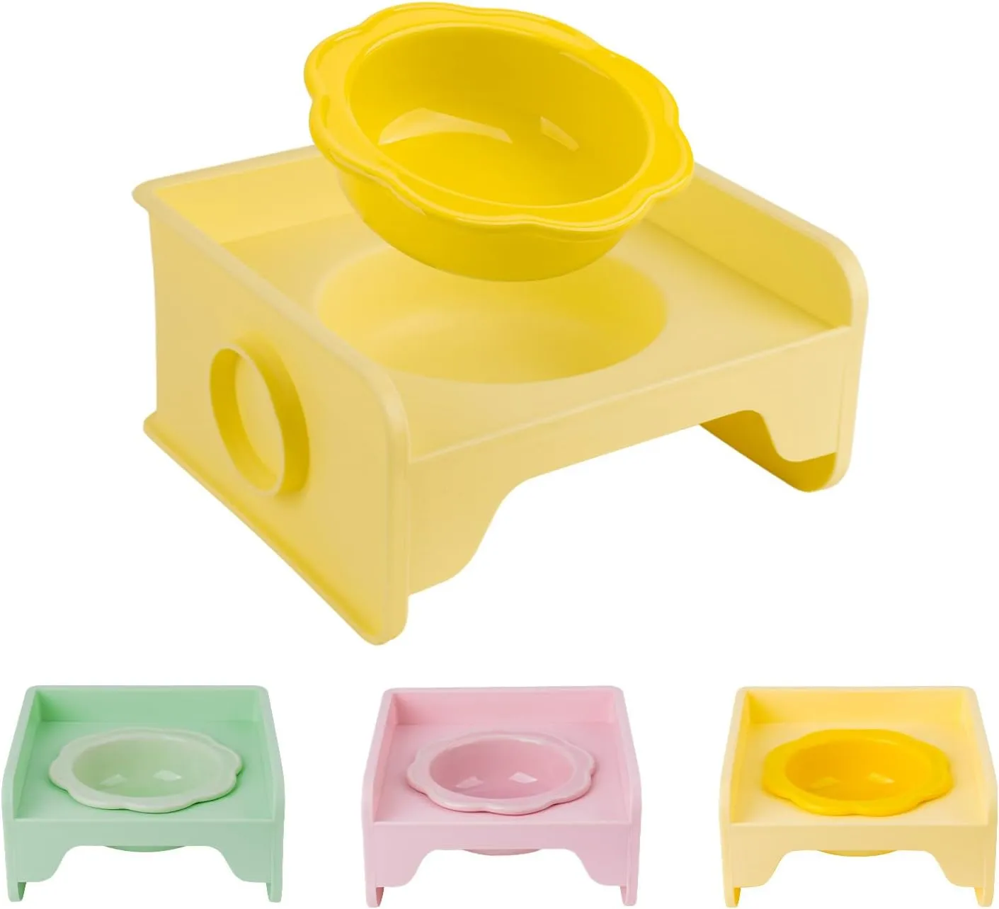 Cat Bowls Elevated Whisker Friendly, Cat Food Bowls for Indoor Cats, Ceramic Shallow Cat Food Dishes, Non-Slip Raised Edge Plastic Feeding Bowl Stand, Catch Water, Food Mess, No Spill (Yellow)