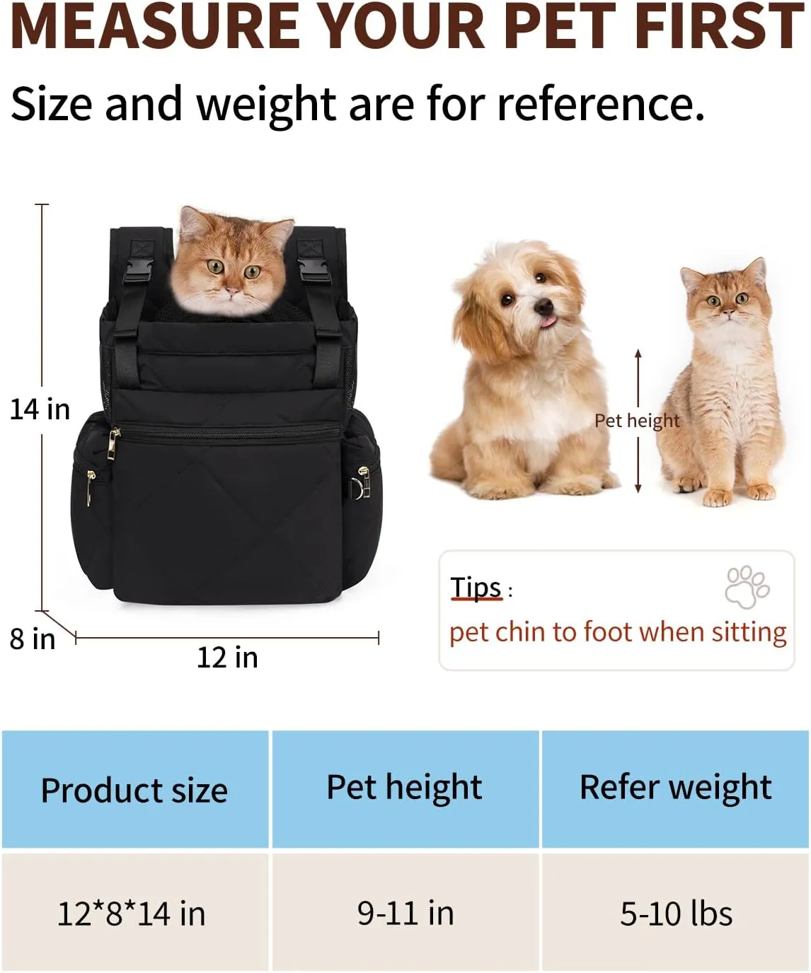 Cat Carrier Puffy Backpack Breathable Small Dog Front Backpack Large Space for Small Dogs, Drawstring & Water-Resisant Pet Bag for Travel Hiking, Black Patent Pending
