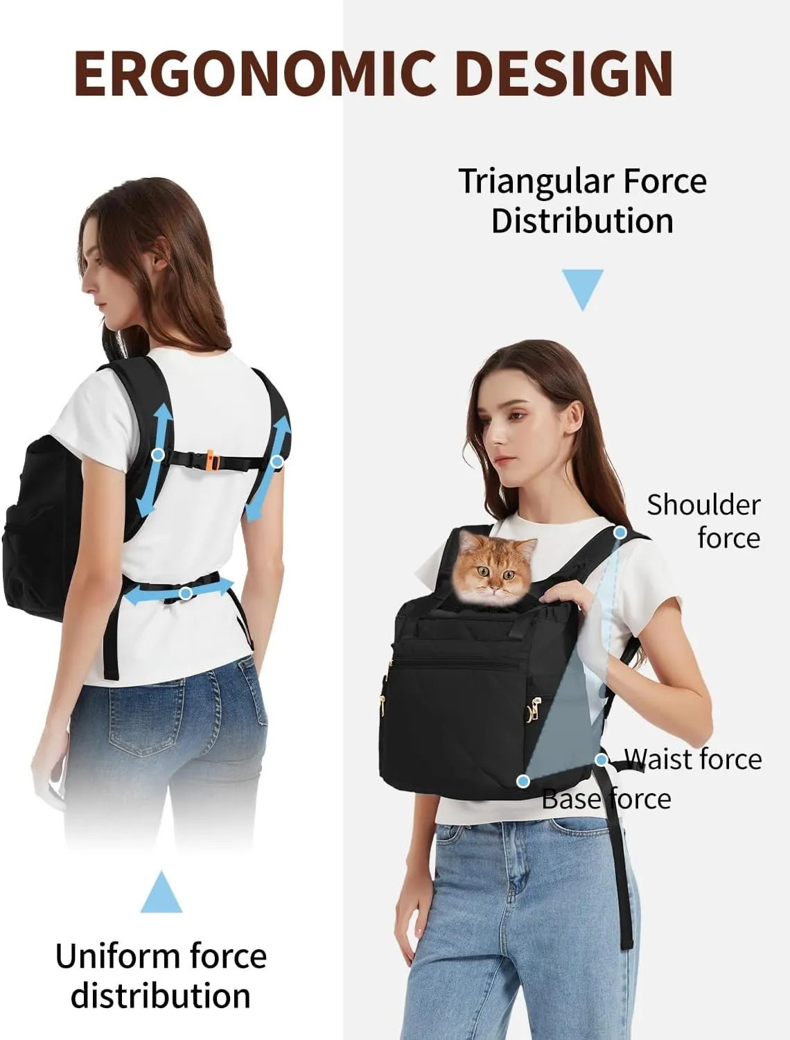 Cat Carrier Puffy Backpack Breathable Small Dog Front Backpack Large Space for Small Dogs, Drawstring & Water-Resisant Pet Bag for Travel Hiking, Black Patent Pending
