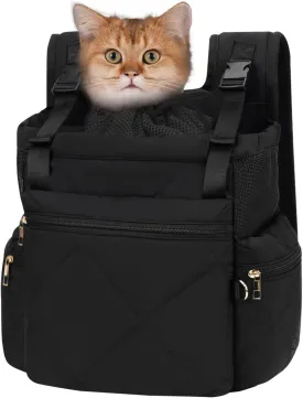 Cat Carrier Puffy Backpack Breathable Small Dog Front Backpack Large Space for Small Dogs, Drawstring & Water-Resisant Pet Bag for Travel Hiking, Black Patent Pending