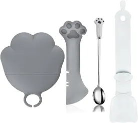 Cat Dog Food Can Lids Spoons - Cute Paw Silicone Pet Can Lids Covers for Dog Cat Food Cans / Can Opener Cat Food Spatula Spoons for Wet Food / Cat Treat Spoon for Lickable Squeeze up Treats, Grey