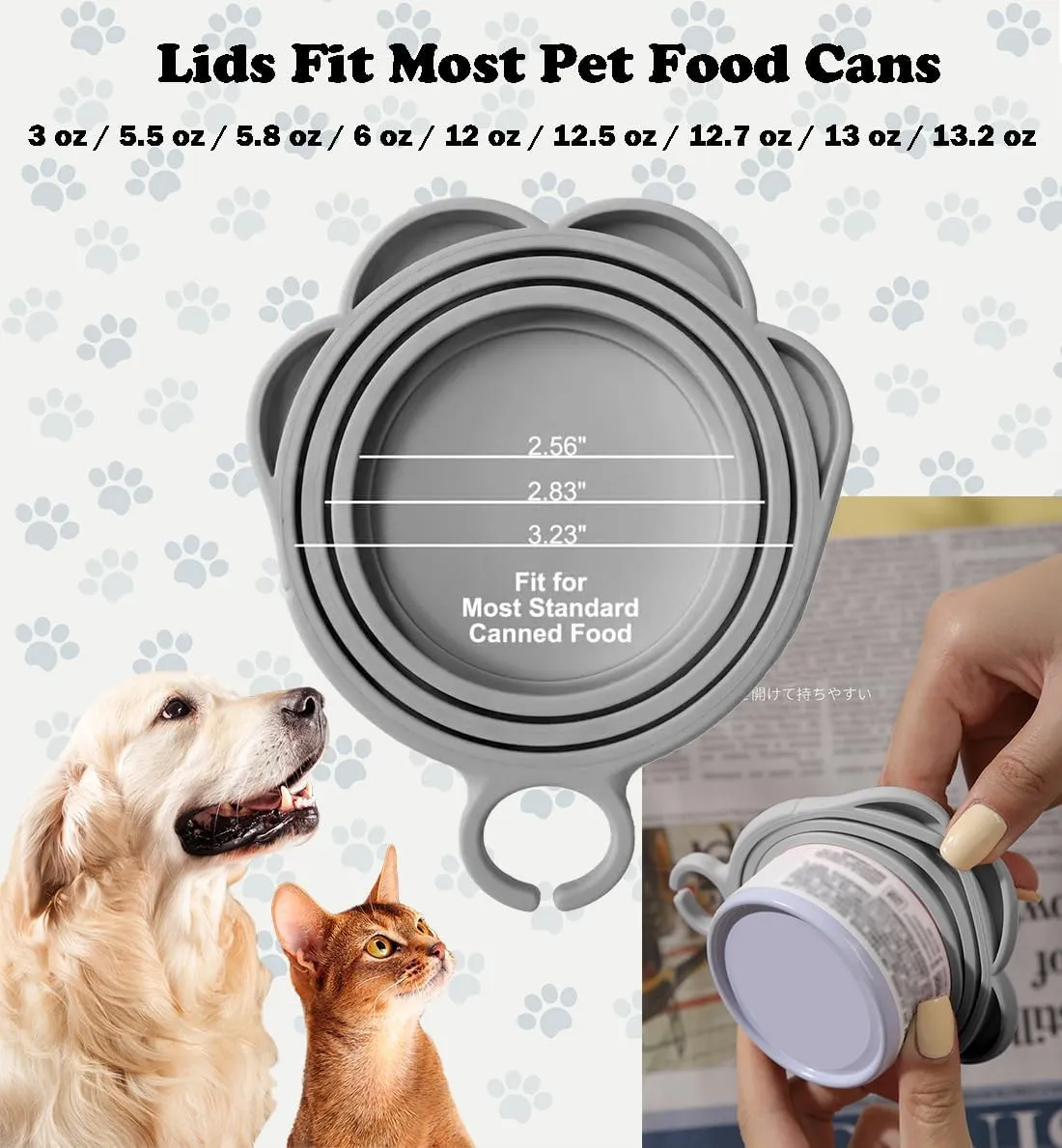 Cat Dog Food Can Lids Spoons - Cute Paw Silicone Pet Can Lids Covers for Dog Cat Food Cans / Can Opener Cat Food Spatula Spoons for Wet Food / Cat Treat Spoon for Lickable Squeeze up Treats, Grey