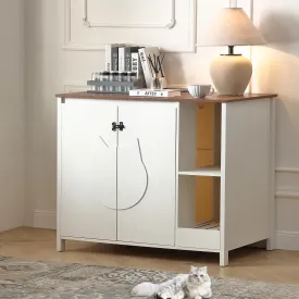 Cat-Faced Doors Cat Litter Robot Enclosure,Automatic Litter Box Enclosure for Litter Robot 3/4,Power Outlet for Litter Robot Cabinet,Litter Collector,Dog-Proof Shelf,Antique White