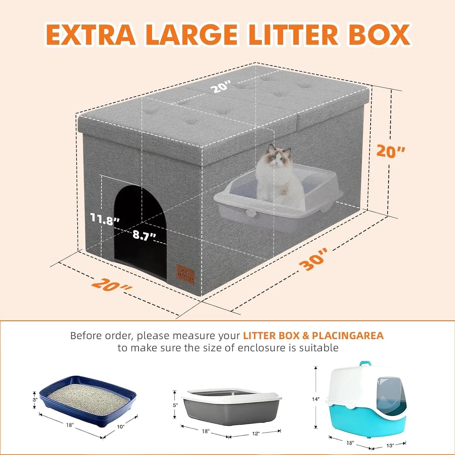 Cat Litter Box Enclosure Furniture for Odor Control, Hidden Cabinet Cats Litter Ottoman with Flip-Up Lid,Cat Litter Box Bench with Storage Space, Dog Proof (Light Grey, Large)
