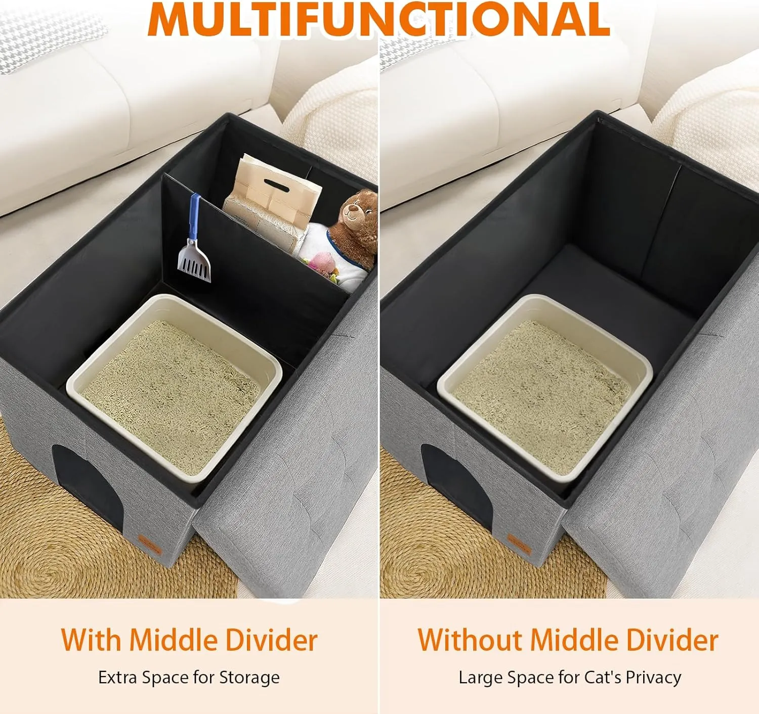 Cat Litter Box Enclosure Furniture for Odor Control, Hidden Cabinet Cats Litter Ottoman with Flip-Up Lid,Cat Litter Box Bench with Storage Space, Dog Proof (Light Grey, Large)