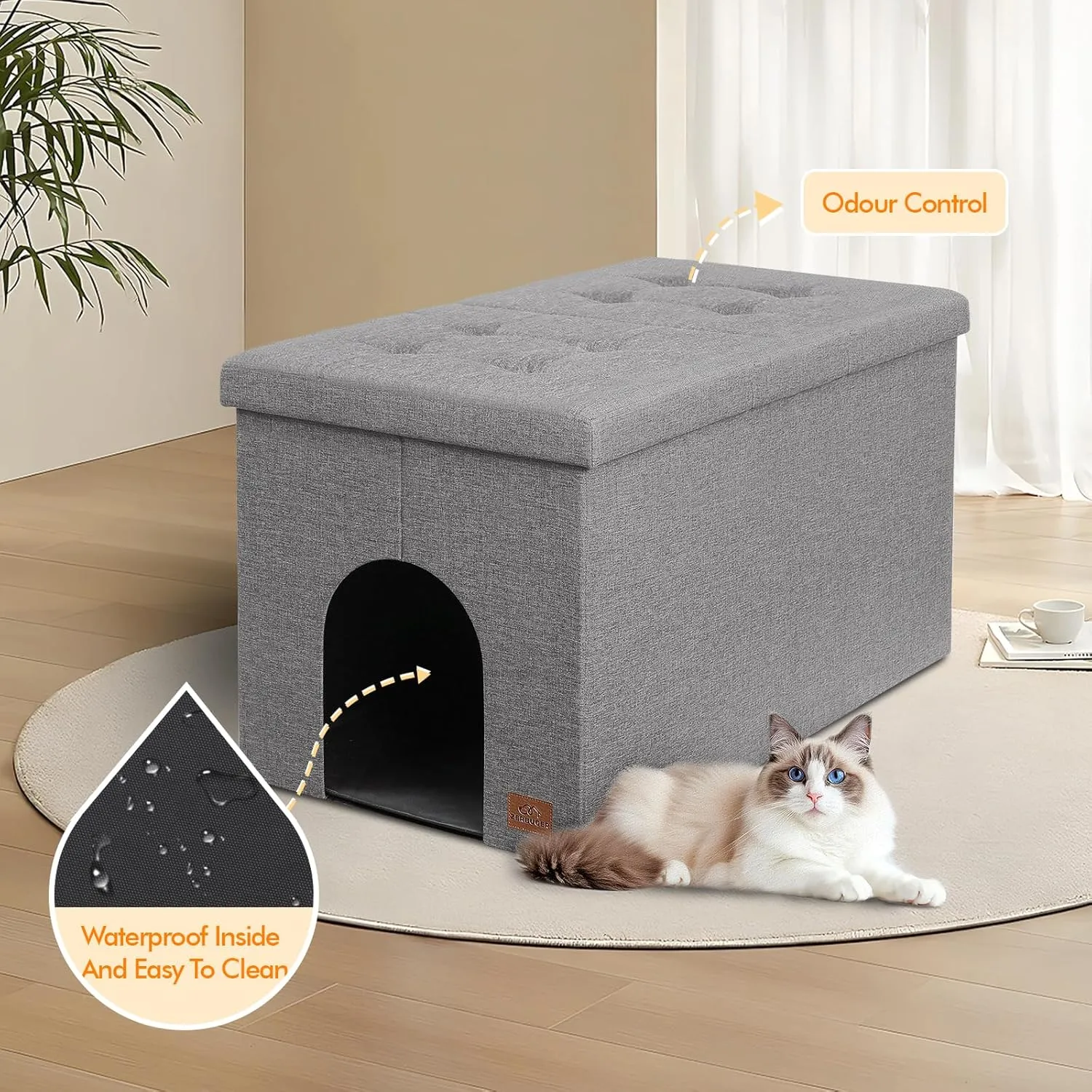 Cat Litter Box Enclosure Furniture for Odor Control, Hidden Cabinet Cats Litter Ottoman with Flip-Up Lid,Cat Litter Box Bench with Storage Space, Dog Proof (Light Grey, Large)