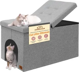 Cat Litter Box Enclosure Furniture for Odor Control, Hidden Cabinet Cats Litter Ottoman with Flip-Up Lid,Cat Litter Box Bench with Storage Space, Dog Proof (Light Grey, Large)