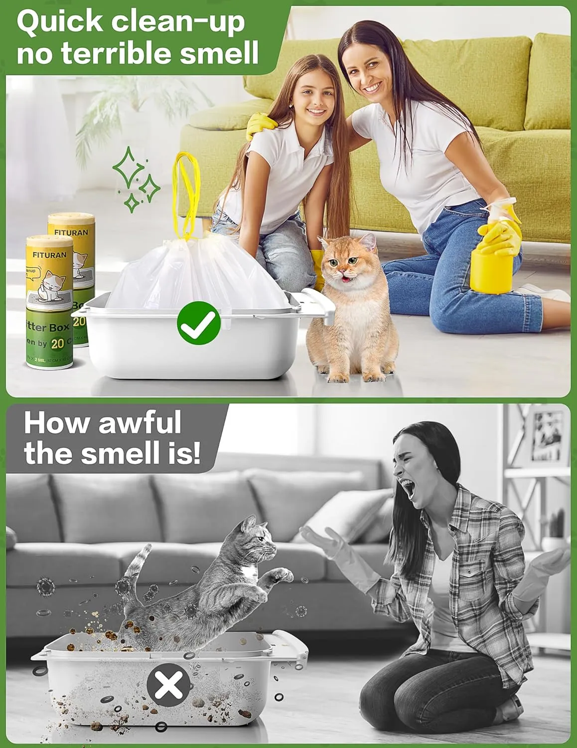Cat Litter Box Liners Ultrathick 26 x 16 inch Heavy Duty Drawstring Bags 40 CountCompatible with Litter Robot 3/4Scratch-Resistant, Leak Proof, Cat litter Box Waste Bags for Pet Kitty