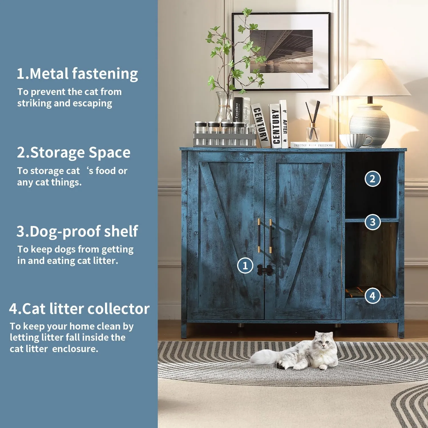 Cat Litter Robot Enclosure, Enclosure for self-Cleaning Litter Boxes,Adjustable Shelf for Dog Proof and Storage,Charging Station,Locks Added for cat,Large Indoor Cat House,Blue