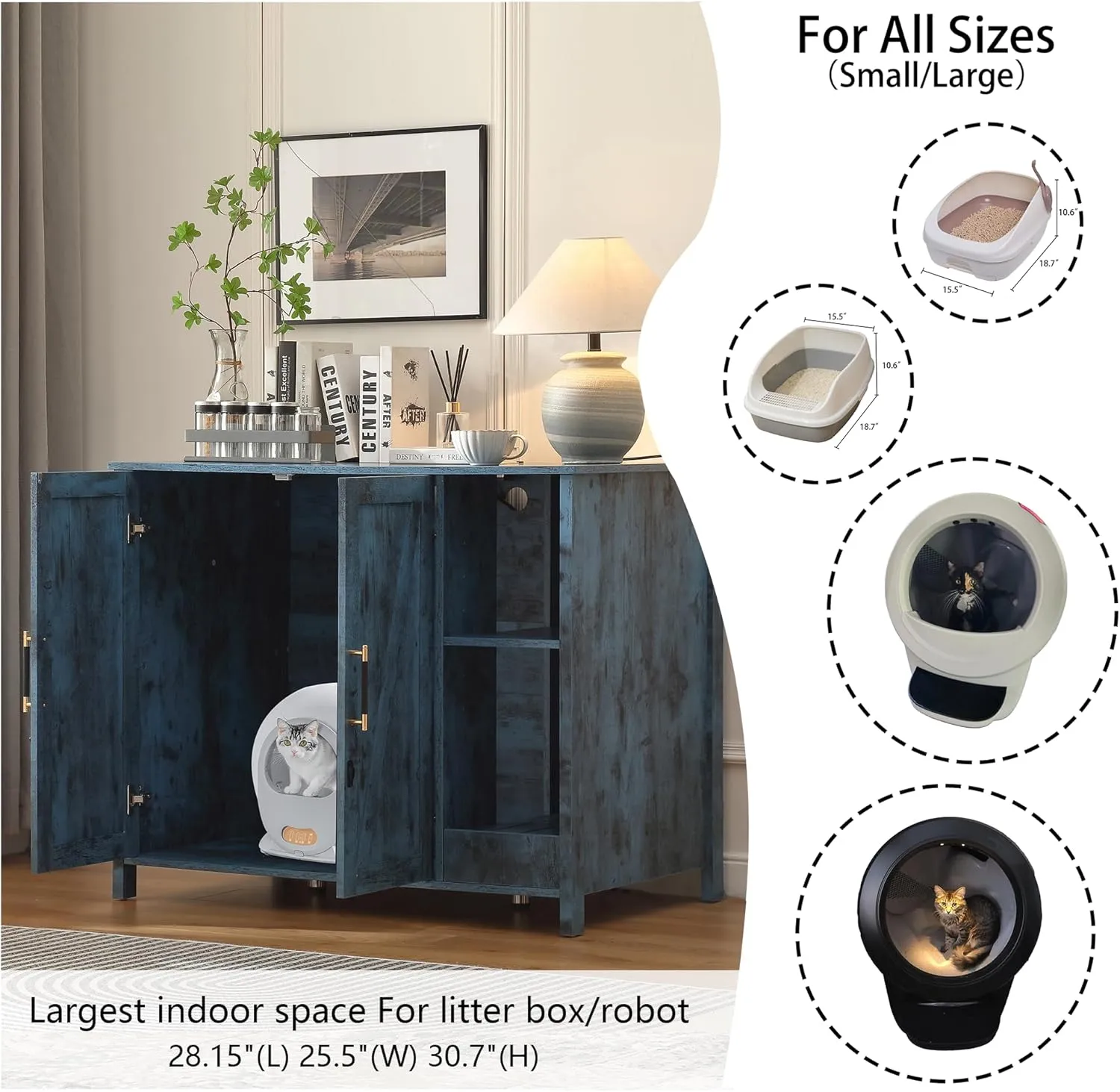 Cat Litter Robot Enclosure, Enclosure for self-Cleaning Litter Boxes,Adjustable Shelf for Dog Proof and Storage,Charging Station,Locks Added for cat,Large Indoor Cat House,Blue