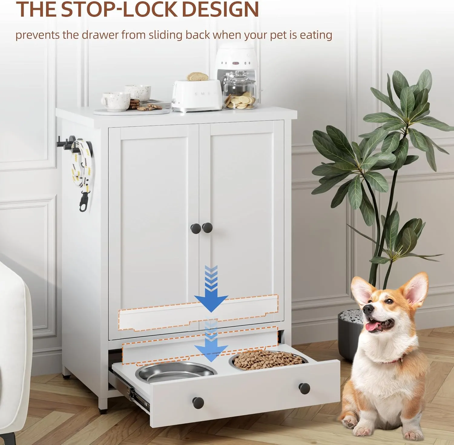 Dog Feeding Station with Storage, Metal Pet Feeding Station, Dog Food Storage Cabinet with 2 Hidden Dog Bowls and 3 Hooks, Cat Feeding Station, Pet Feeder Station for Food and Pet Supplies Storage