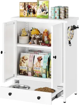 Dog Feeding Station with Storage, Metal Pet Feeding Station, Dog Food Storage Cabinet with 2 Hidden Dog Bowls and 3 Hooks, Cat Feeding Station, Pet Feeder Station for Food and Pet Supplies Storage