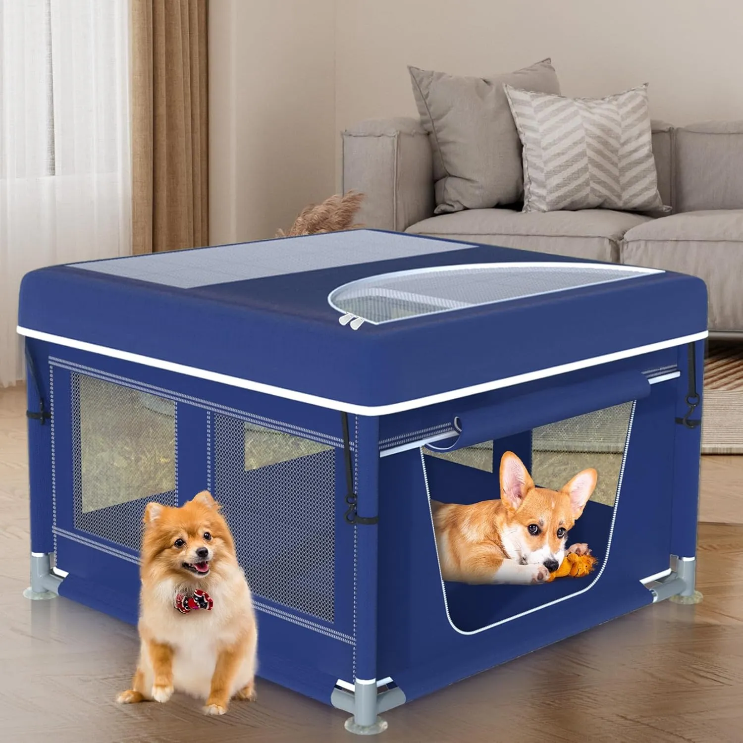 Dog Playpen 42  42 Inch, Puppy PlayPen with Gate for Puppies, Cat, Small and Medium Dogs, Pet PlayPen with Roof for Outdoors & Indoors, Thickened Fabric, Safe & Sturdy Dog Fence