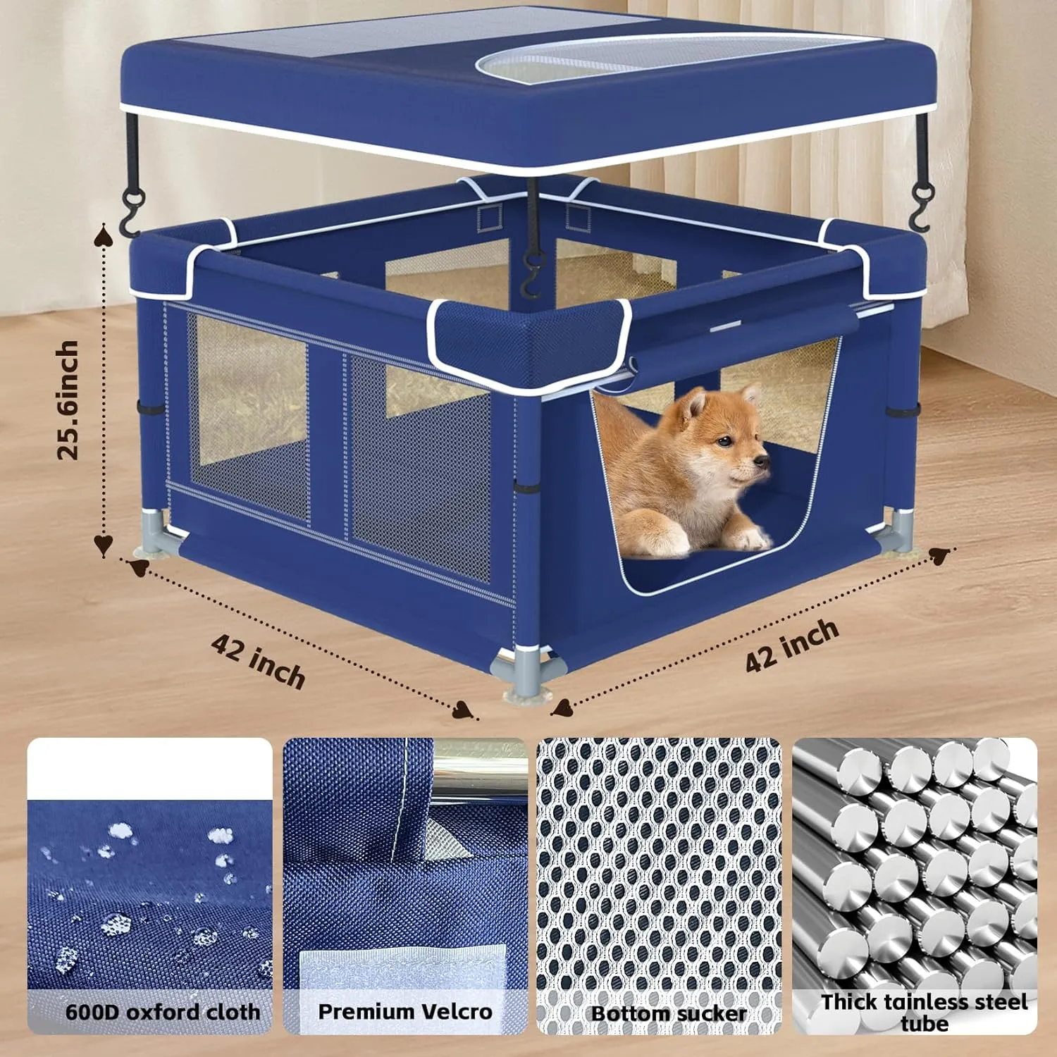 Dog Playpen 42  42 Inch, Puppy PlayPen with Gate for Puppies, Cat, Small and Medium Dogs, Pet PlayPen with Roof for Outdoors & Indoors, Thickened Fabric, Safe & Sturdy Dog Fence