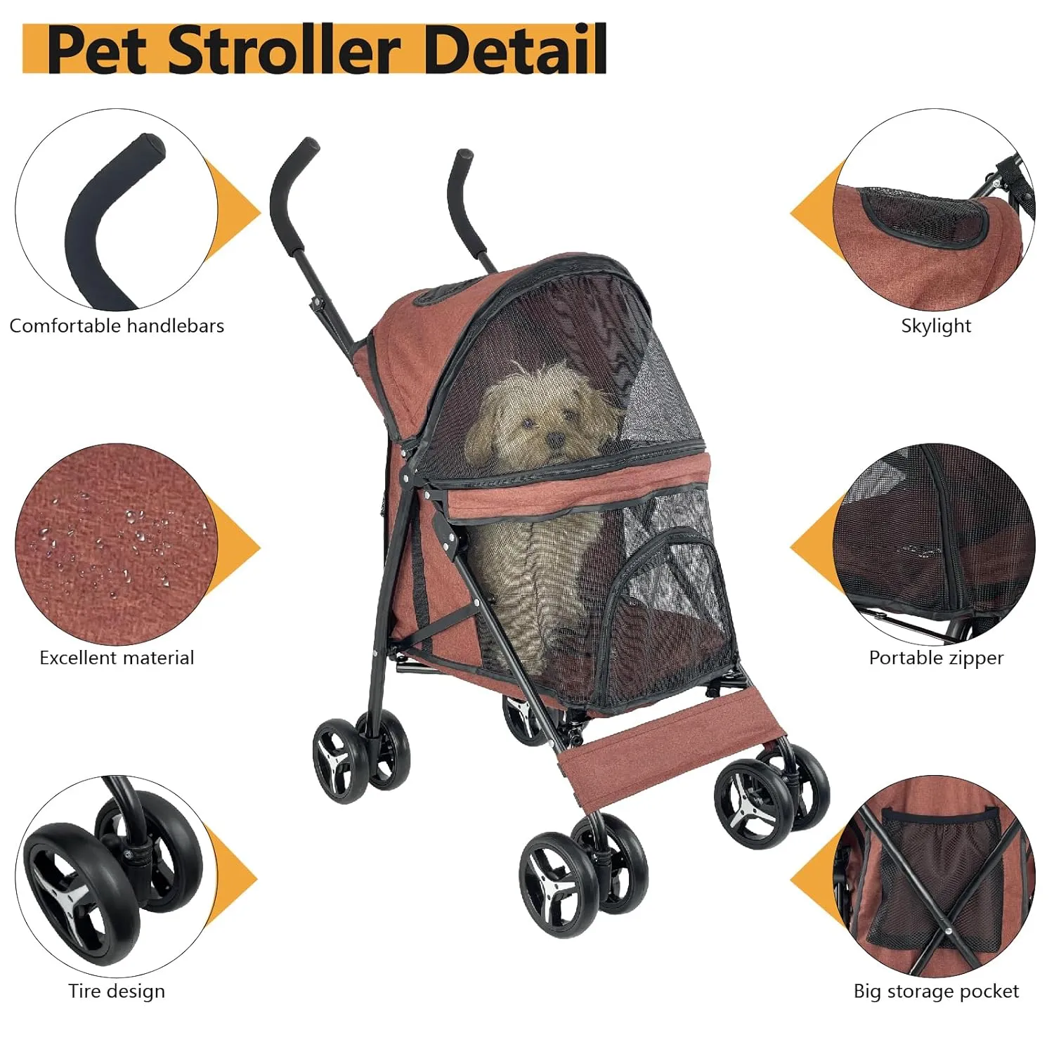 Elegant Umbrella-Shaped Doggy Stroller for Small Dogs, Small Pet Stroller for Medium Dogs, Ideal for 20 Lbs Medium Dogs & Small Dogs (Red)
