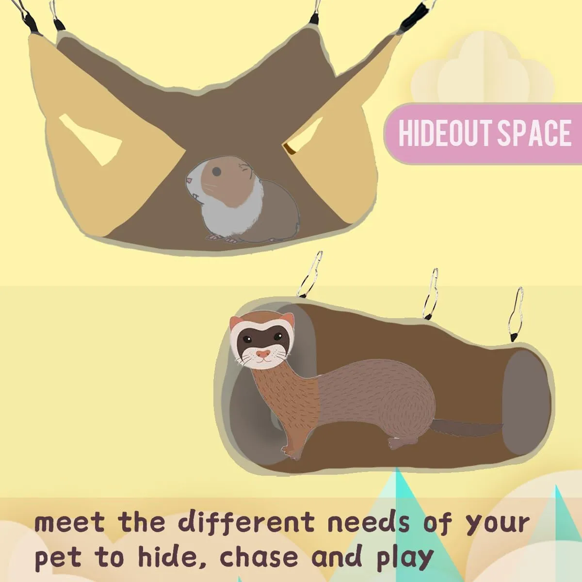Ferret Rat Hammock Tunnel Toys Cage Accessories, Guinea Pig Hideout Tunnel, Warm Bed for Rat Ferret Guinea Pig Sleep Hide and Play (1.Hammock&Tunnel)