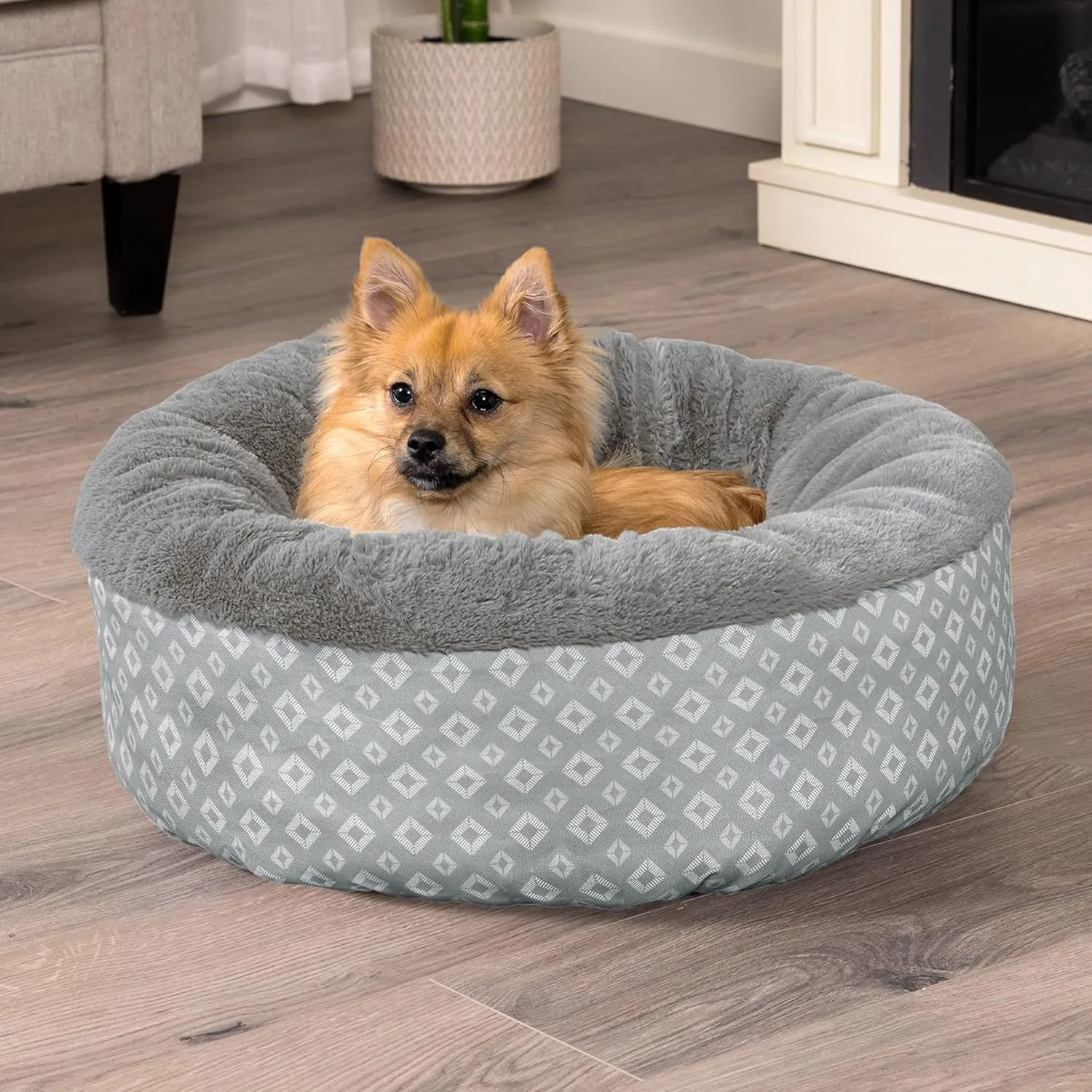 Furhaven 23" Round Donut Dog Bed for Indoor Cats & Small Dogs, Washable, For Dogs Up to 20 lbs - Plush & Diamond Print Donut Bed - Gray, Small