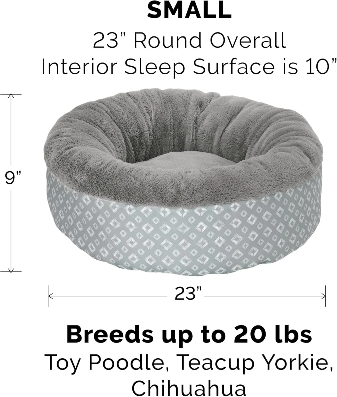Furhaven 23" Round Donut Dog Bed for Indoor Cats & Small Dogs, Washable, For Dogs Up to 20 lbs - Plush & Diamond Print Donut Bed - Gray, Small