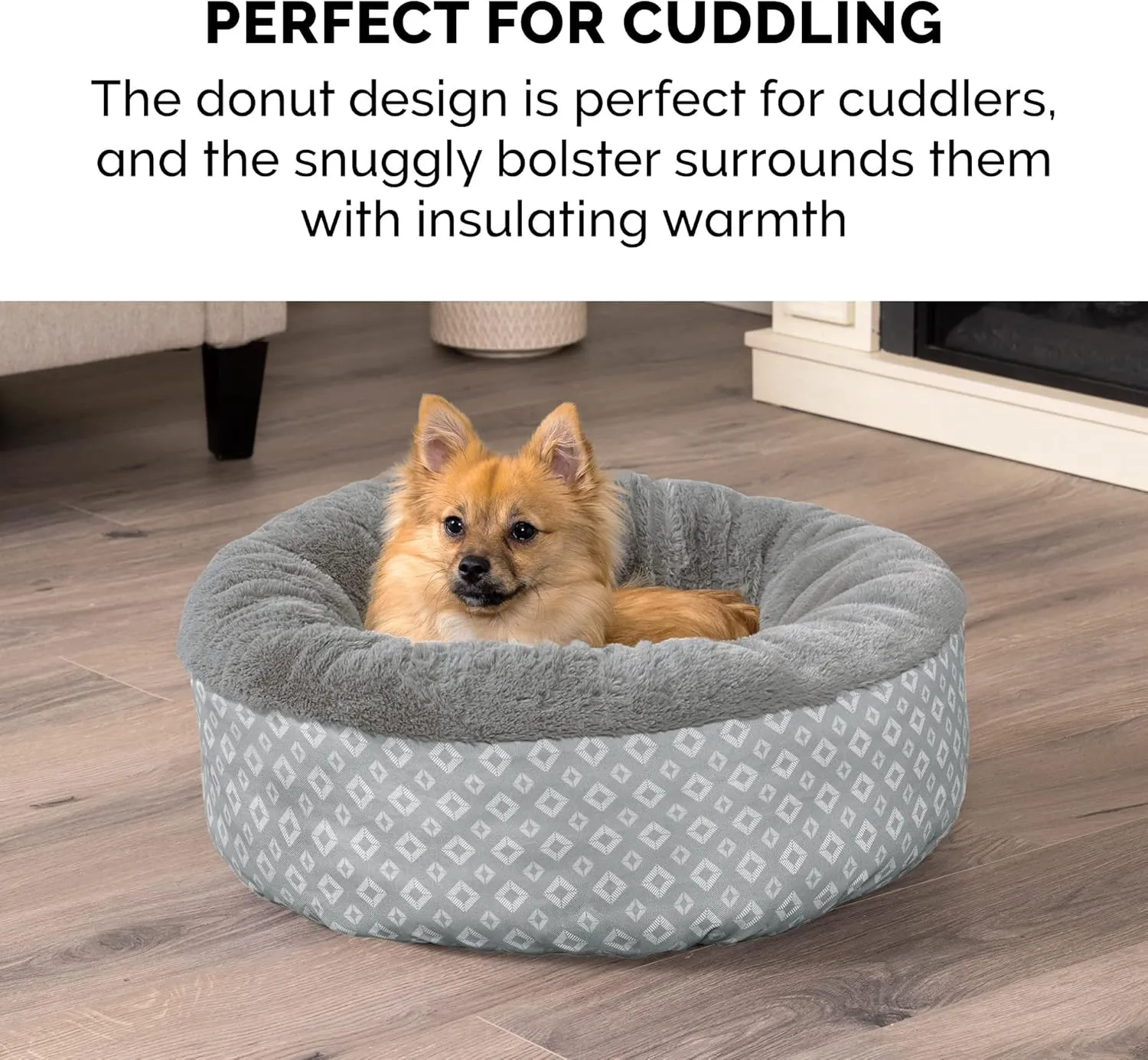 Furhaven 23" Round Donut Dog Bed for Indoor Cats & Small Dogs, Washable, For Dogs Up to 20 lbs - Plush & Diamond Print Donut Bed - Gray, Small