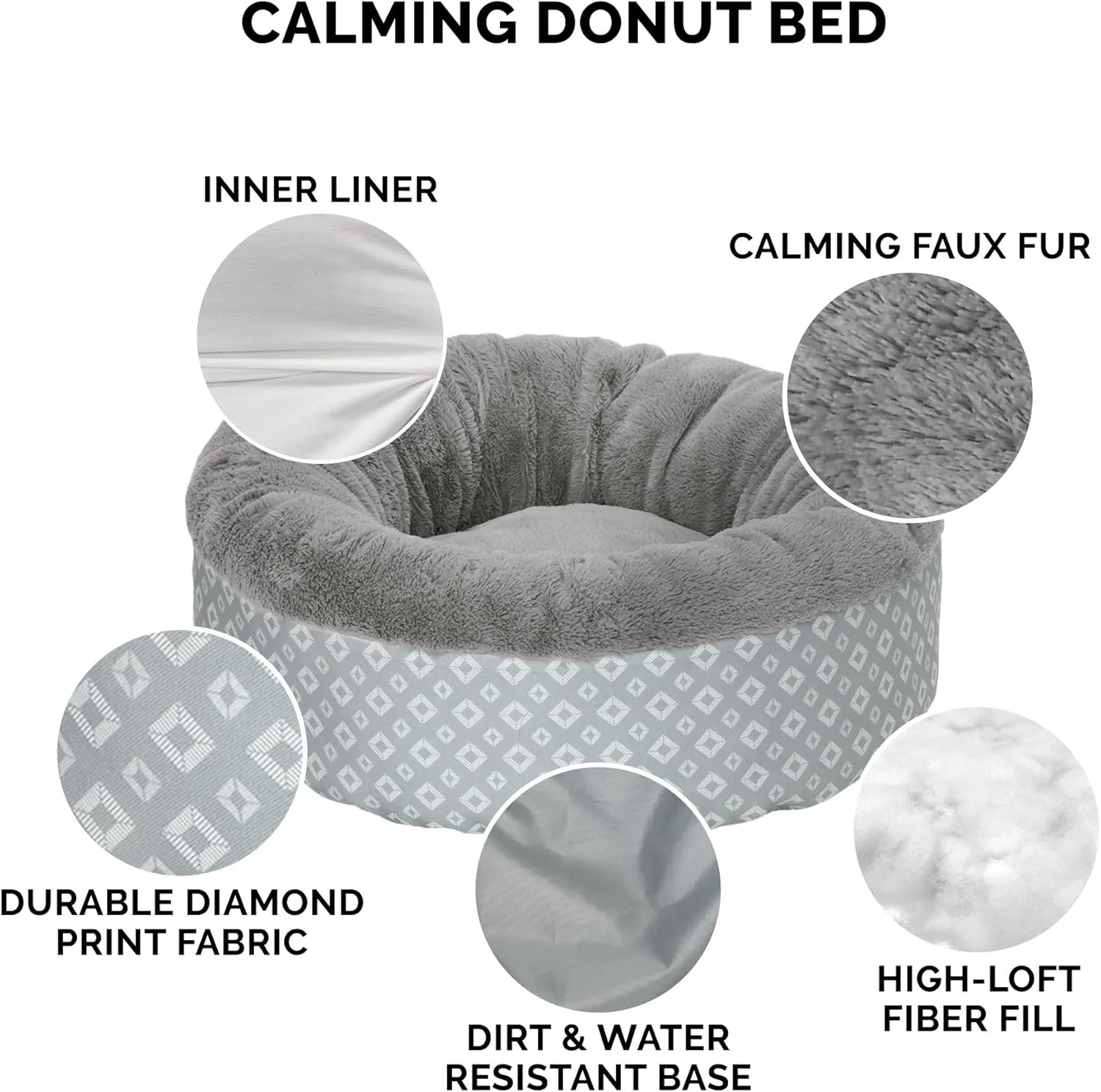 Furhaven 23" Round Donut Dog Bed for Indoor Cats & Small Dogs, Washable, For Dogs Up to 20 lbs - Plush & Diamond Print Donut Bed - Gray, Small