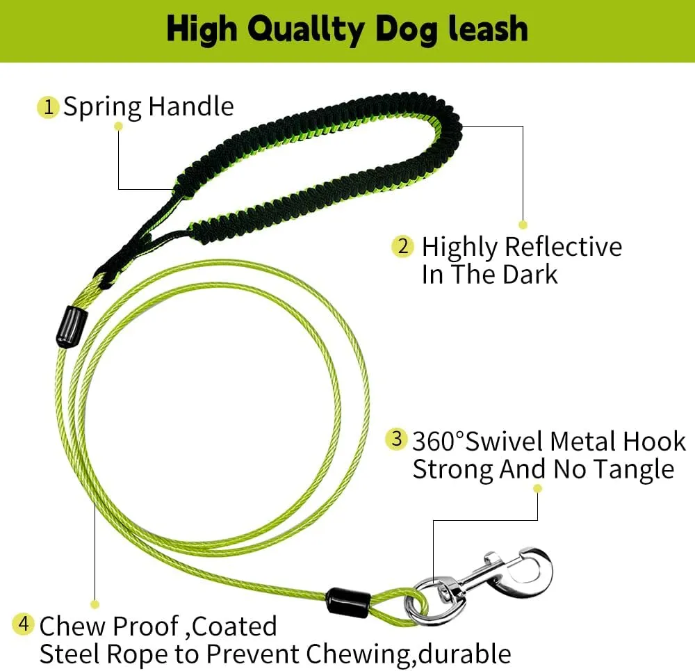 Heavy Duty Dog Leash, Chew Proof Metal Leash for Large Dogs (Up to 250lbs), WireRope Dog Leashes with Soft Silicone Grip (Green, 5FT)