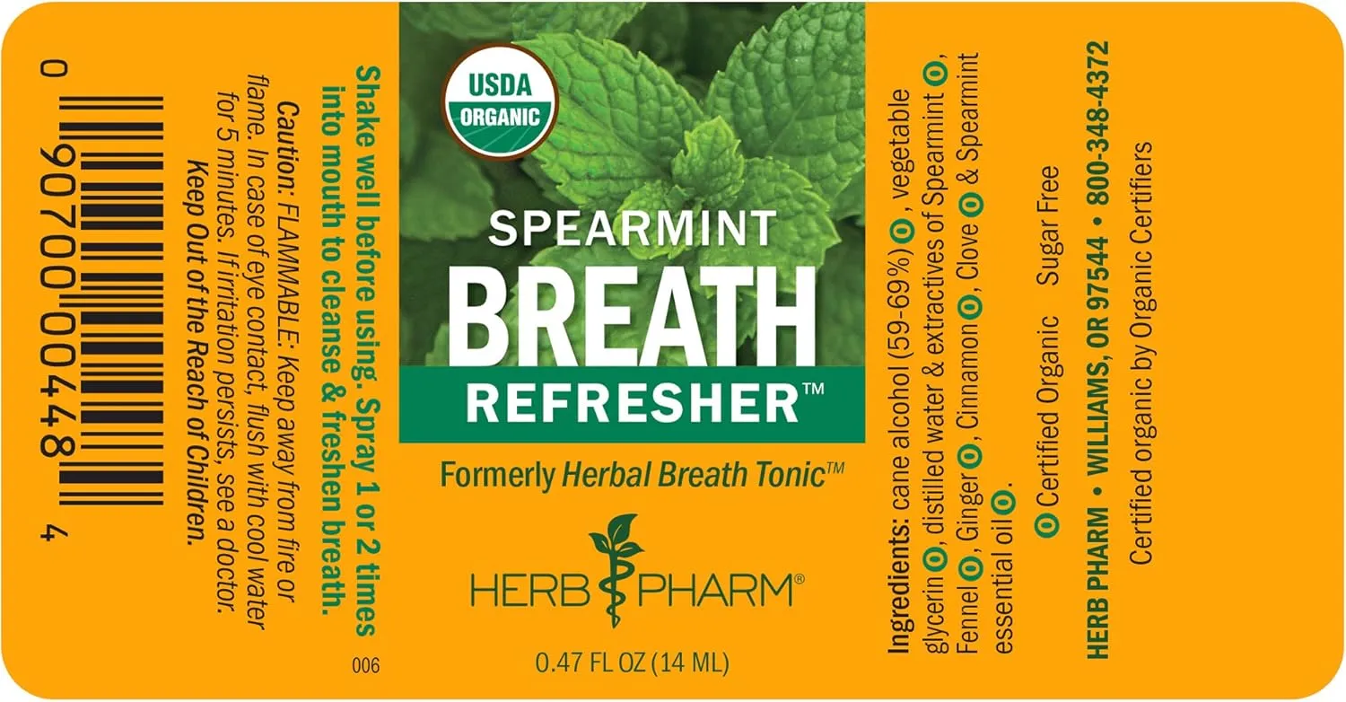 Herb Pharm Breath Refresher Certified Organic Herbal Fresh Breath Spray with Spearmint Essential Oil - 1/2 Ounce (Pack of 3)