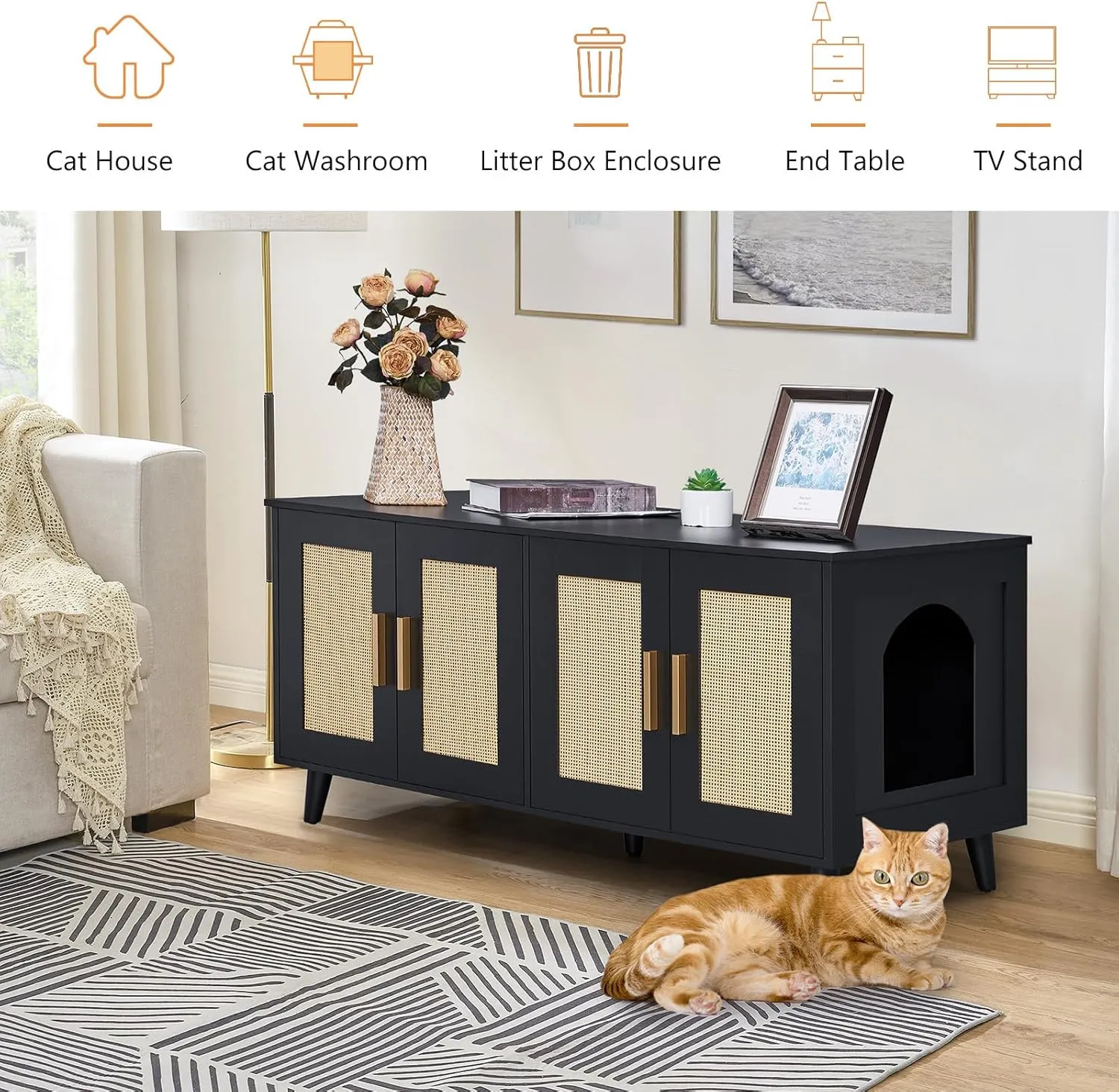 Homhedy Boho Cat Litter Box Enclosure for 2 Cats, Wooden Cat Washroom Furniture with Double Rattan Decorated Doors, Pet House,47.2L x 19.7W x 21.7H, Black and Natural