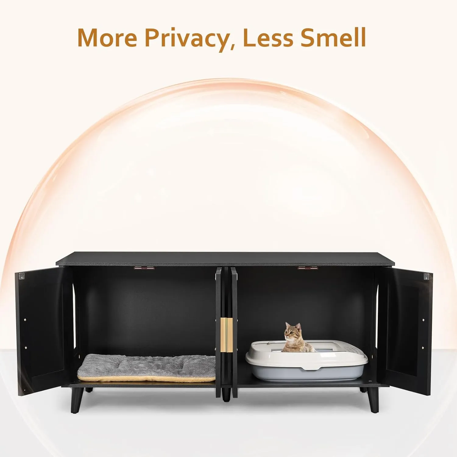 Homhedy Boho Cat Litter Box Enclosure for 2 Cats, Wooden Cat Washroom Furniture with Double Rattan Decorated Doors, Pet House,47.2L x 19.7W x 21.7H, Black and Natural