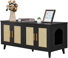 Homhedy Boho Cat Litter Box Enclosure for 2 Cats, Wooden Cat Washroom Furniture with Double Rattan Decorated Doors, Pet House,47.2L x 19.7W x 21.7H, Black and Natural