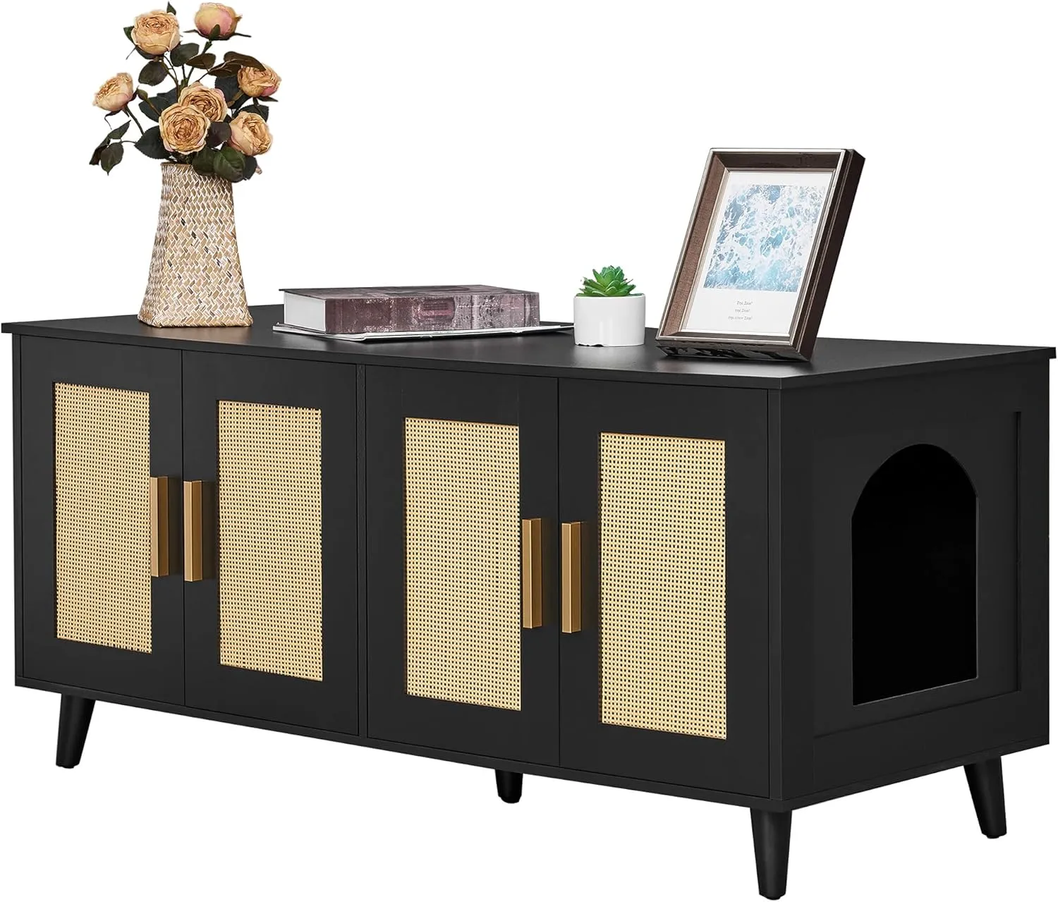 Homhedy Boho Cat Litter Box Enclosure for 2 Cats, Wooden Cat Washroom Furniture with Double Rattan Decorated Doors, Pet House,47.2L x 19.7W x 21.7H, Black and Natural