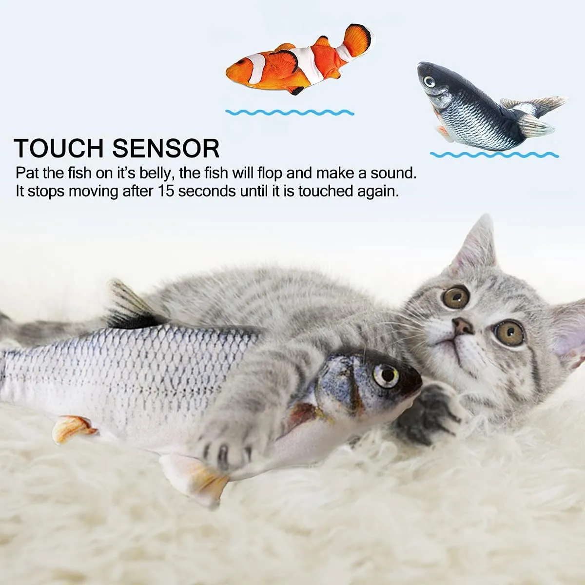 Interactive Cat Toys Flopping Fish with Catnip, Moving Cat Toys for Indoor Cats 2Pack, 11" Electric Automatic Kitten Kicker Exercise Toy, Wiggle SilverVine Floppy Fish for Small Dogs, Kitten