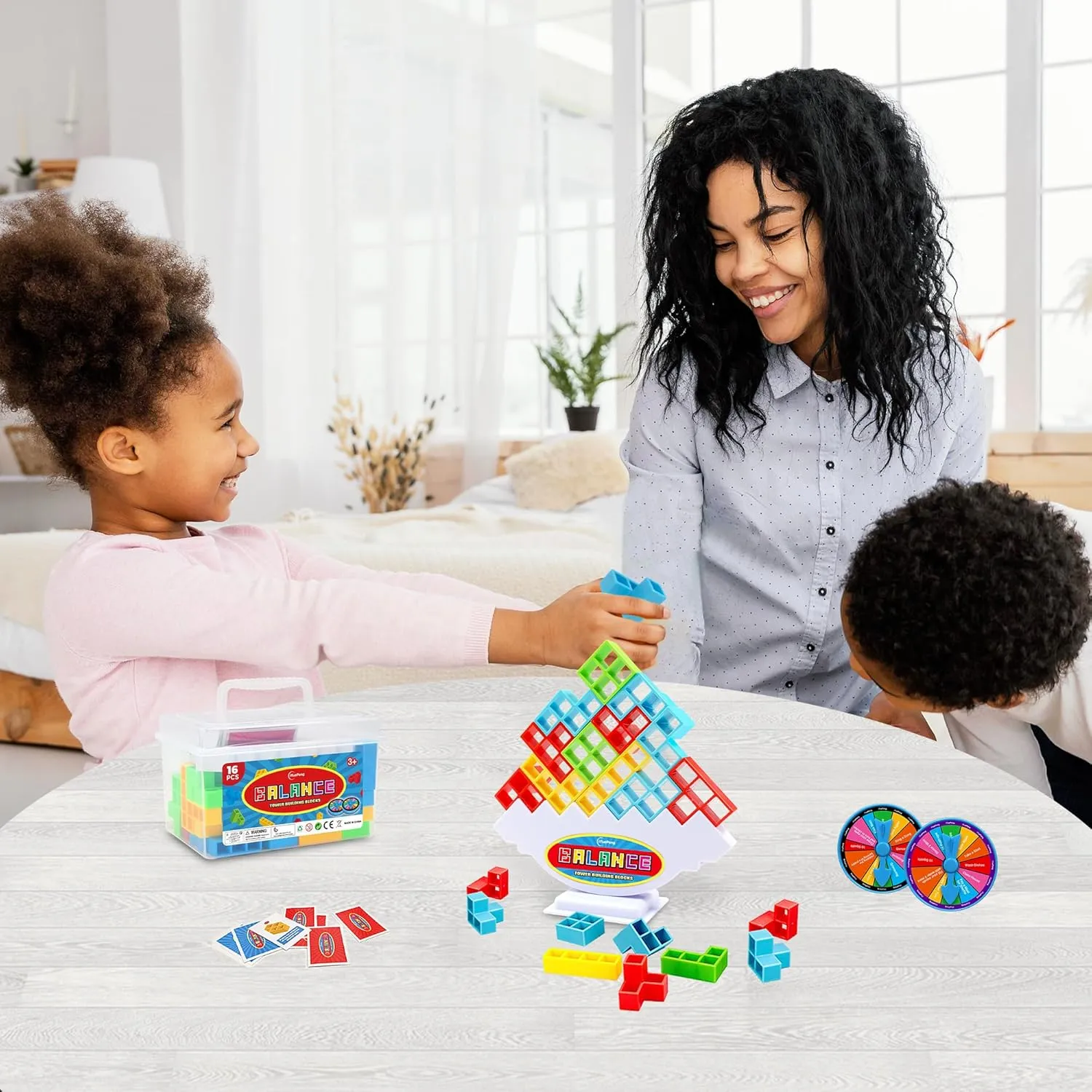 iYuePeng 16PCS Tetra Balance Tower Drop Game Fun Stacking Blocks with Storage Box & Wheel Spinner Balancing Interactive Board Games for Kids Age3  Perfect for Family Game Night, Classroom