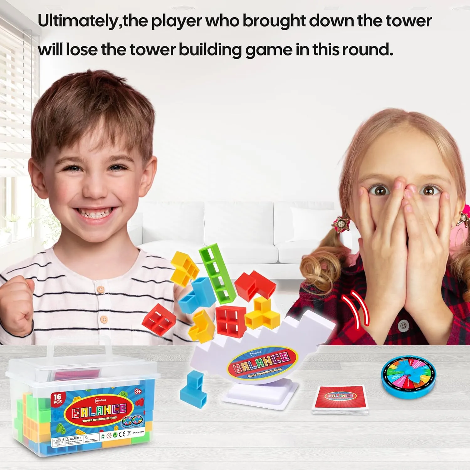 iYuePeng 16PCS Tetra Balance Tower Drop Game Fun Stacking Blocks with Storage Box & Wheel Spinner Balancing Interactive Board Games for Kids Age3  Perfect for Family Game Night, Classroom