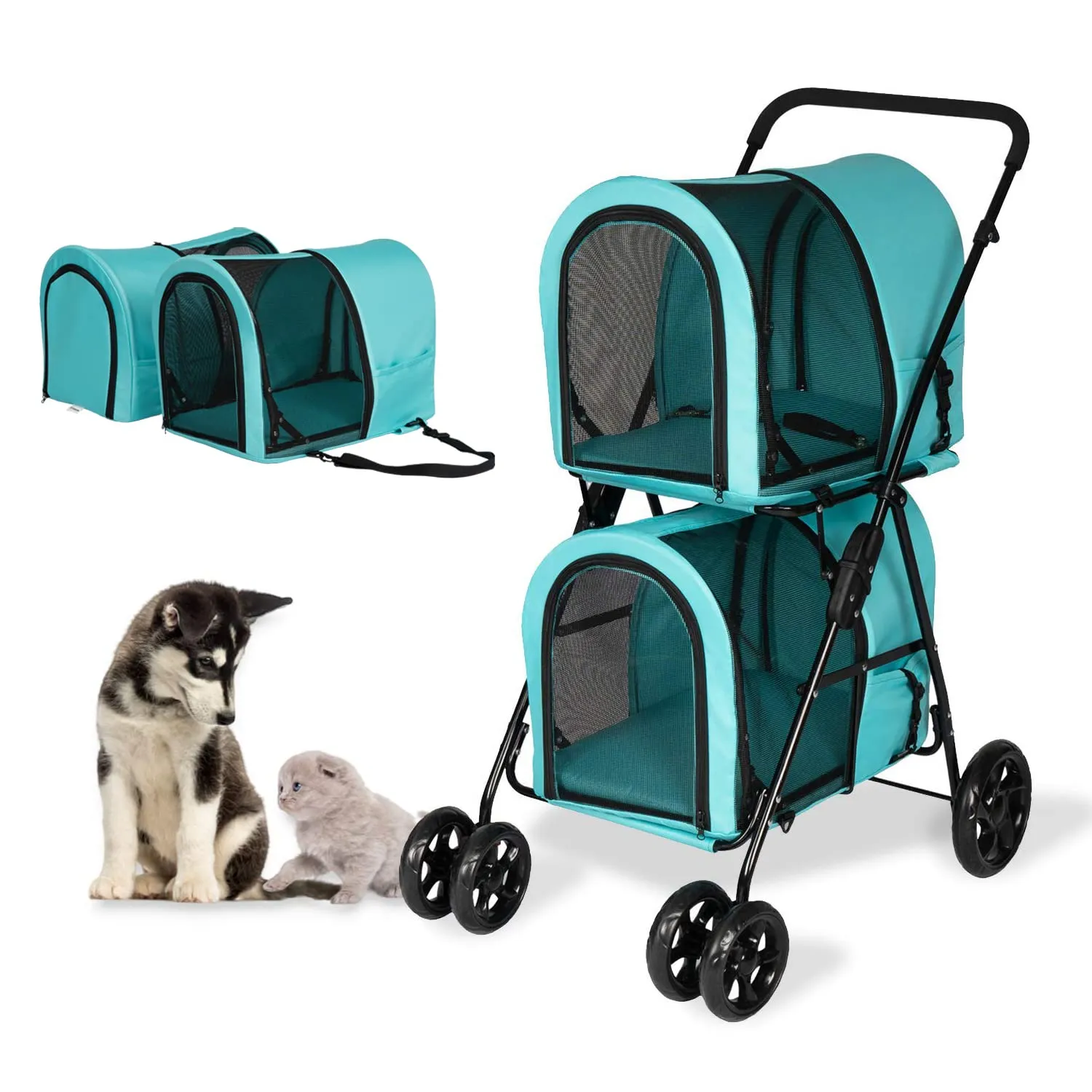 kinbor Double Layer Dog Pet Stroller Foldable 3 in 1 for Dogs Cats (Pet Travel Carrier Bag or Pet Car Seat Carrier or Pet Stroller)