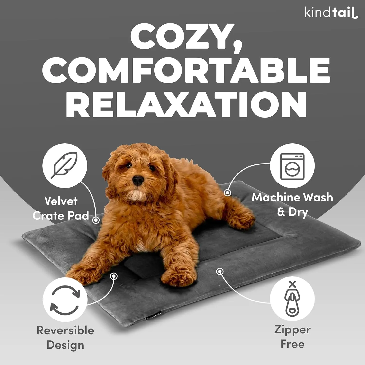 KindTail Dog Crate Pad - Soft Velvet, Reversible Bed - Machine Washable Kennel Mat for Pets up to 15 lbs, Mattress for Cozy Sleeping - 20 x 15 x 1 (Light Grey, Small)