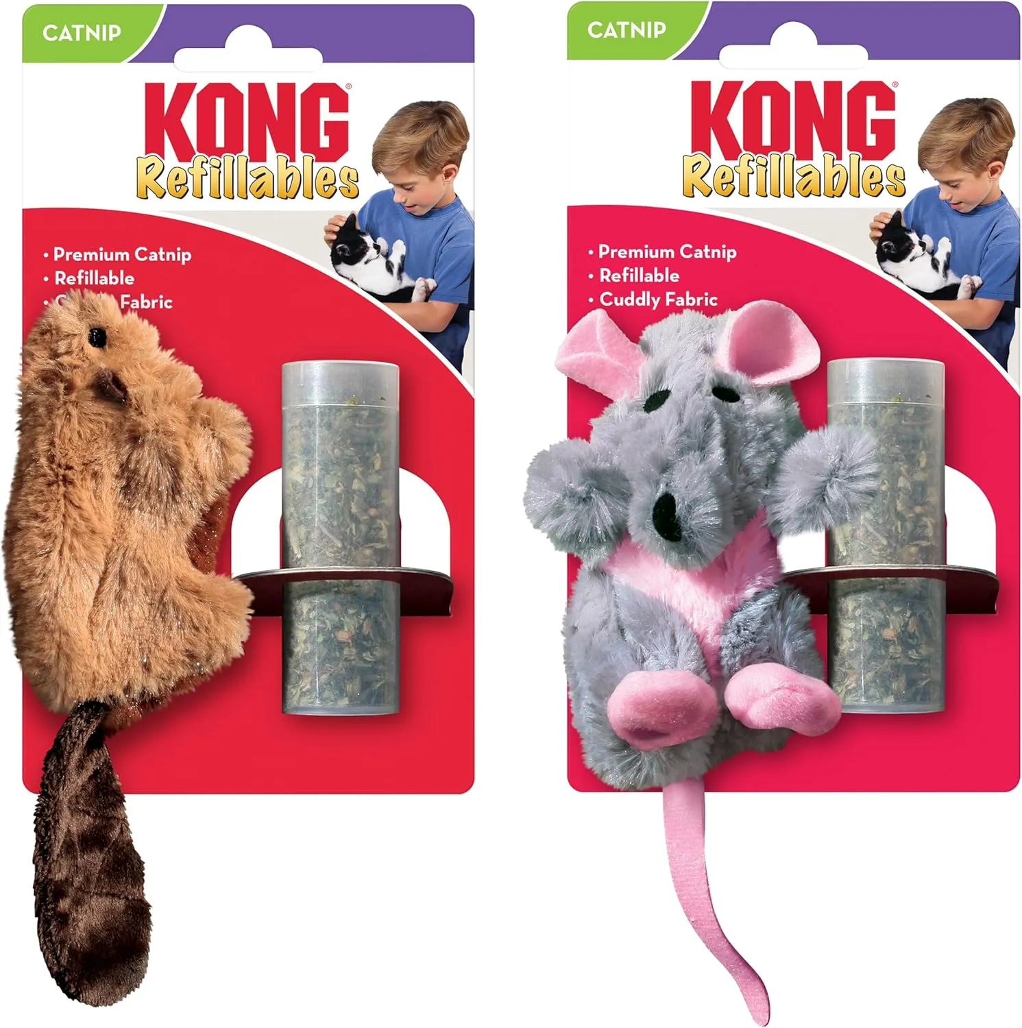 KONG Refillables Catnip Toys, Assorted 2-Pack  Plush Cat Toys with Refillable Catnip Pouch & Premium North American Catnip (Beaver and Rat)