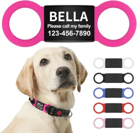 LaReine Silent Slide On Pet ID Tags, Personalized Laser Engraved on Collar, Colored Elastic Silicone Band and S/M/L/XL Black Stainless Steel Cat Dog Name Plate (Hot Pink, Medium)