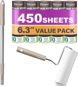 Large Lint Rollers for Pet Hair Extra Sticky,Cat Dog Hair Remover Laundry Clothes Carpet Furniture,6.3 inches Wider with 450 Sheets Giant Lint Remover Brush for Couch with Long Handle
