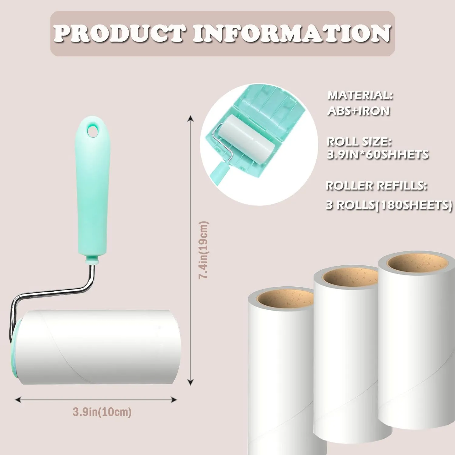 Lint Roller Remover with 180 Sheets, Pet Hair Remover Extra Sticky Roller Hair Dust Remover for Clothes, Furniture, Travel Household 1 Handle 3 Rollers Dog &Cat Hair Removal (Green)