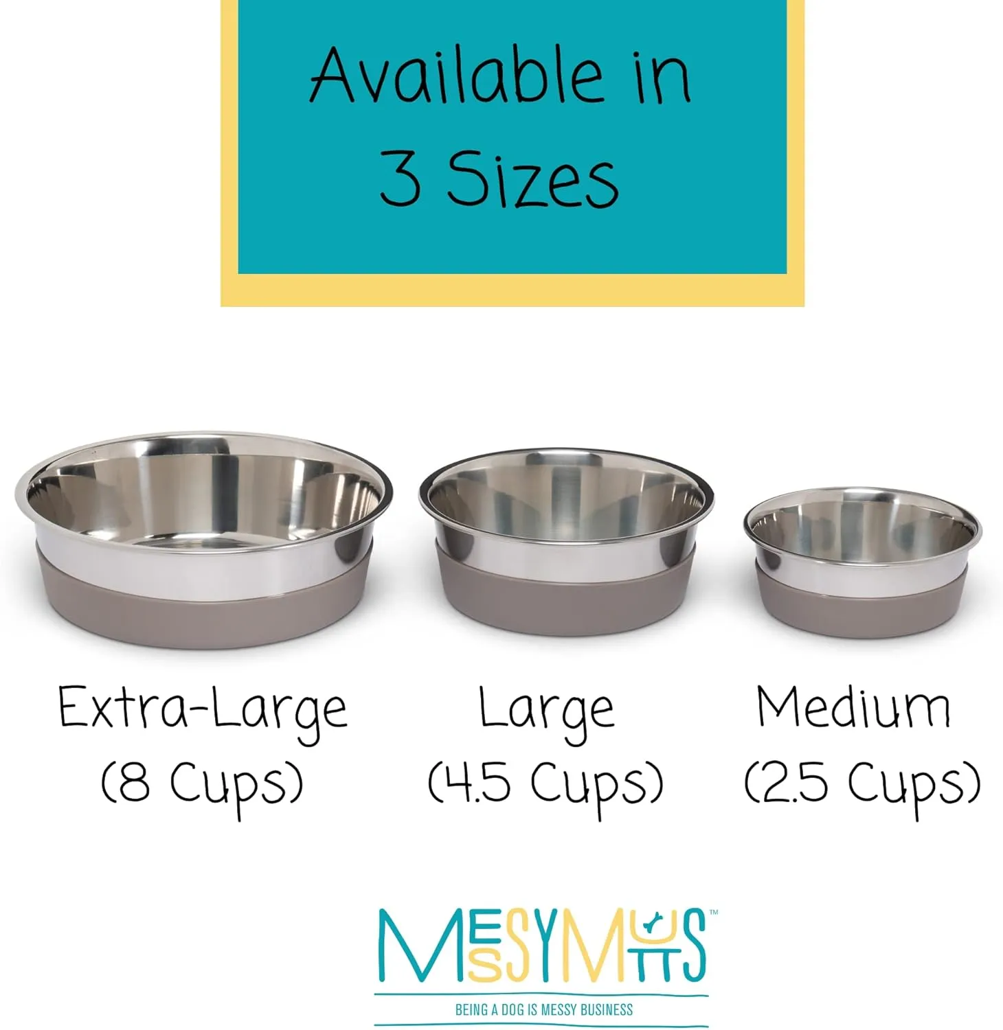 Messy Mutts Stainless Steel Heavy Gauge Bowl with Non-Slip Removable Silicone Base | Durable Indoor/Outdoor Dog Bowl | Warm Grey | Medium, 2.5 Cups