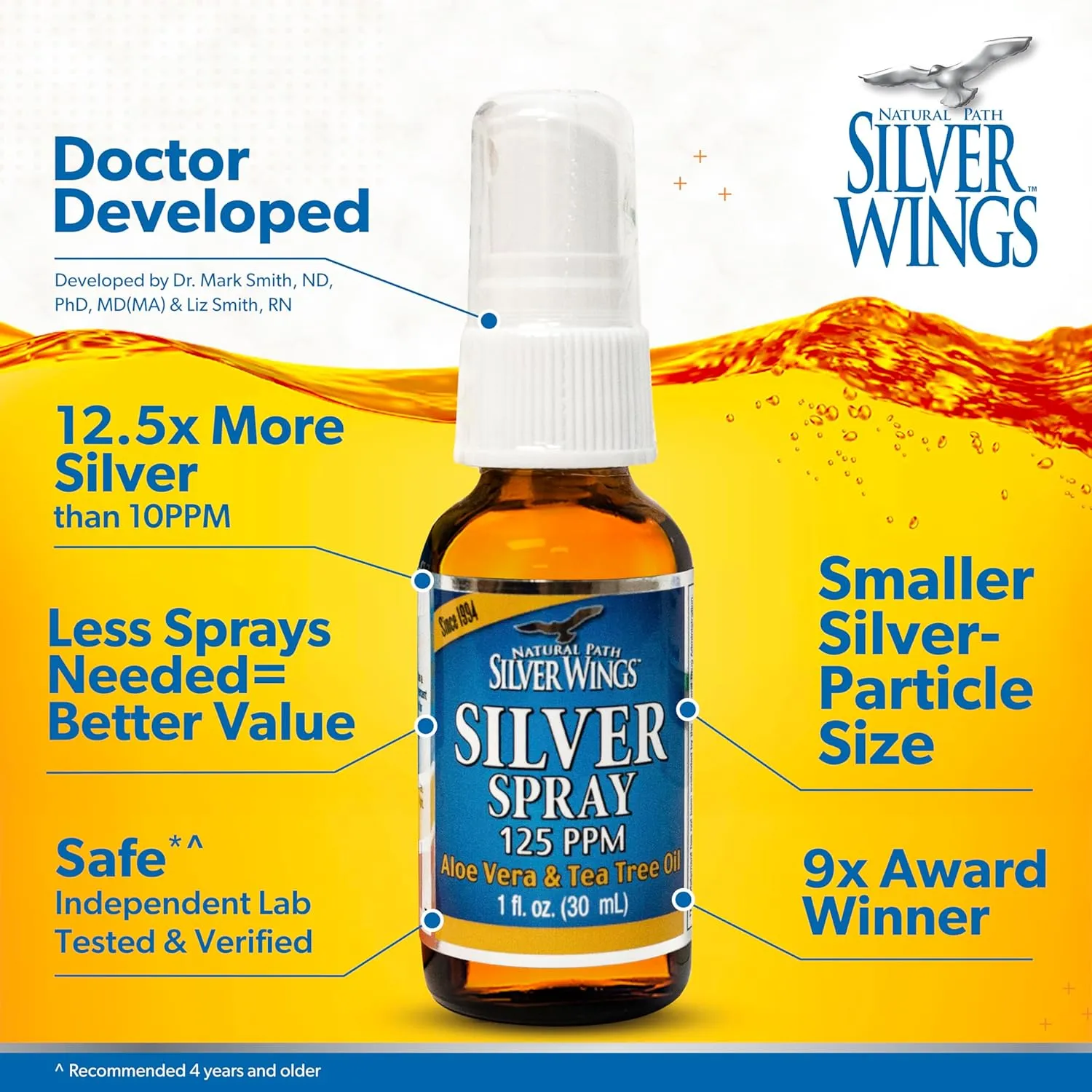 Natural Path Silver Wings - Silver Spray with Aloe Vera & Tea Tree Oil  125ppm - 1oz